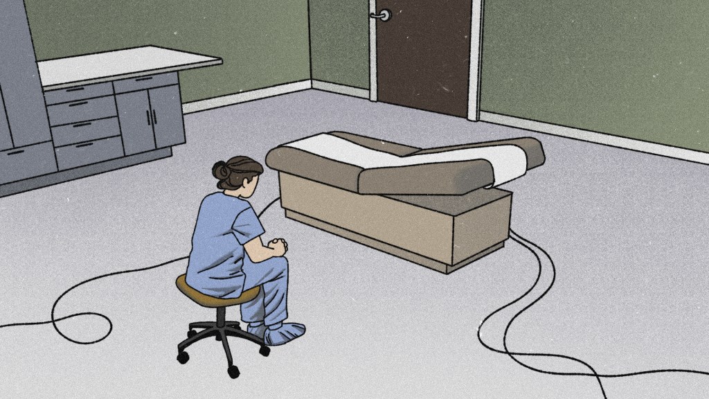 An illustration of an abortion provider sitting in an empty doctor's office