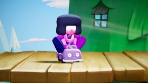 Screenshot from MultiVersus, Garnet from the show "Steven Universe" rides in a tiny car wit