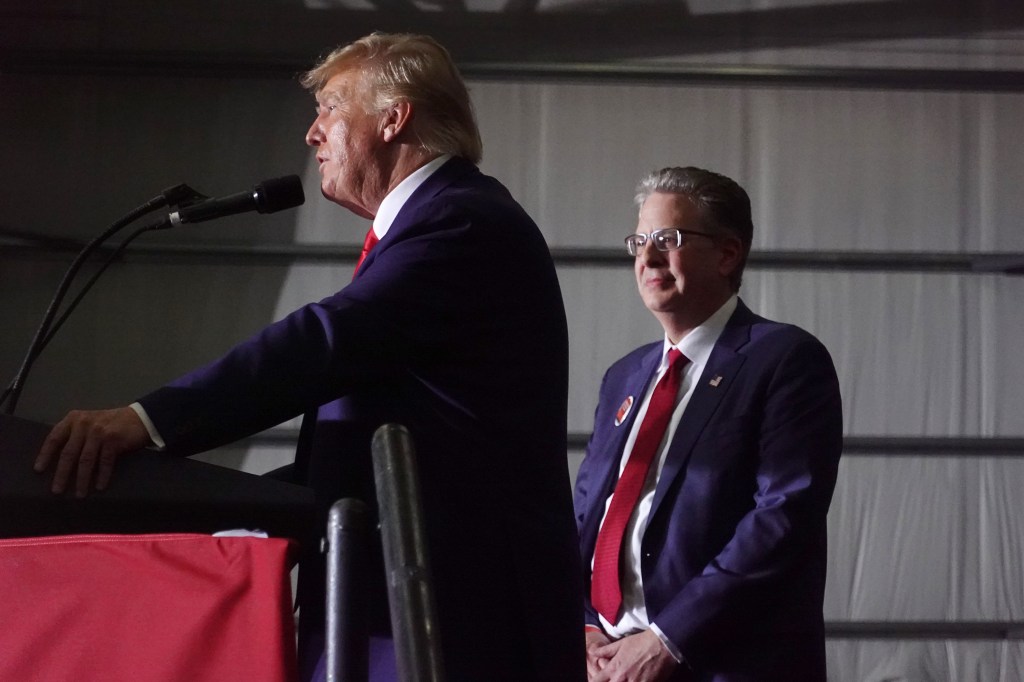 Former President Donald Trump endorses Matthew DePerno (R), who is running for the Michigan Republican party's nomination for state attorney general, during a rally on April 02, 2022.