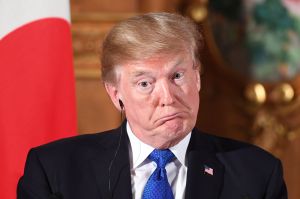 Former President Donald Trump gestures during a joint press conference with Japanese Prime Minister Shinzo Abe at on November 6, 2017.