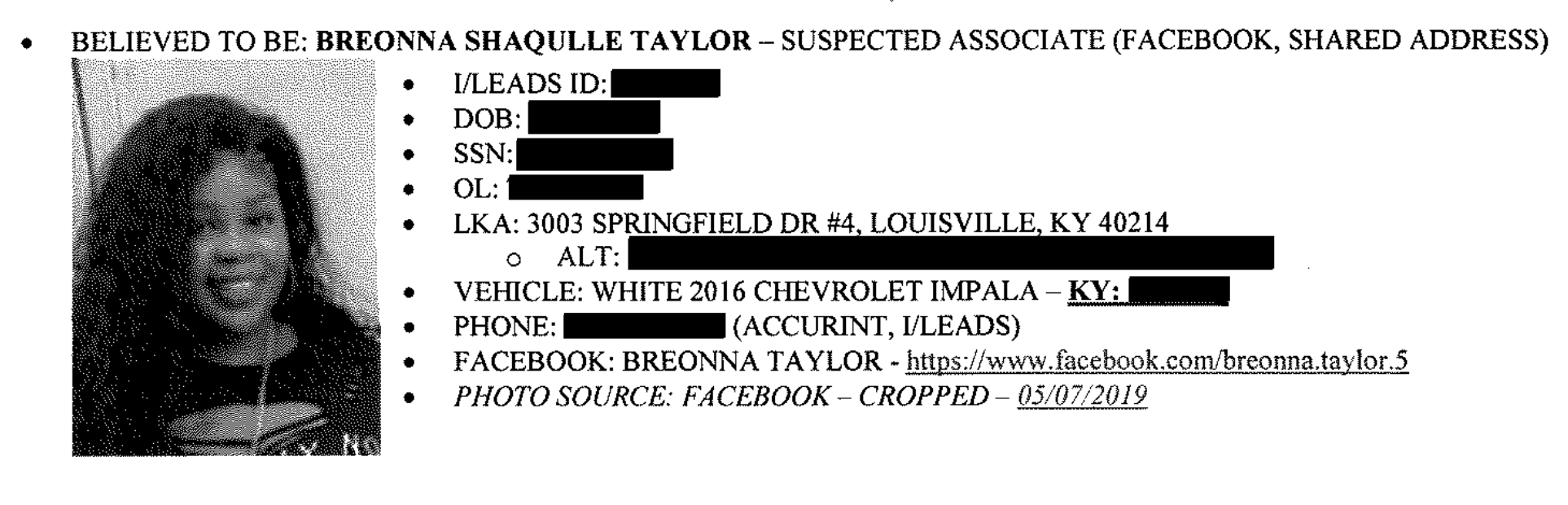 An intelligence file on Breonna Taylor's boyfriend Kenneth Walker, which was provided to LMPD Detectives before the raid on her home, listed Taylor as one of Walker's associates