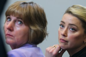 Amber Heard, right, and her attorney Elaine Bredehoft in the Fairfax County courtroom in Virginia on May 25, for Heard's defamation trial.