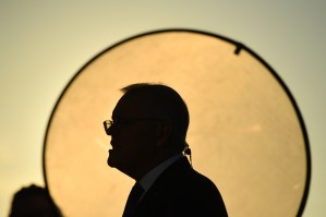 Former prime minister Scott Morrison conducts morning television interviews on election day in the seat of McEwen on May 21 in Melbourne. (Photo by Mick Tsikas-Pool/Getty Images)