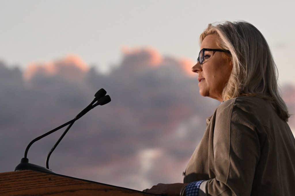 US Representative Liz Cheney (R-WY) speaks to supporters during election night in Jackson, Wyoming on August 16, 2022.