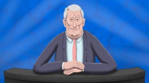 An illustration of Jeremy Paxman at the University Challenge desk.