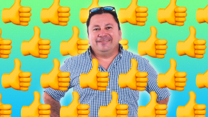 A dad surrounded by thumbs up emojis