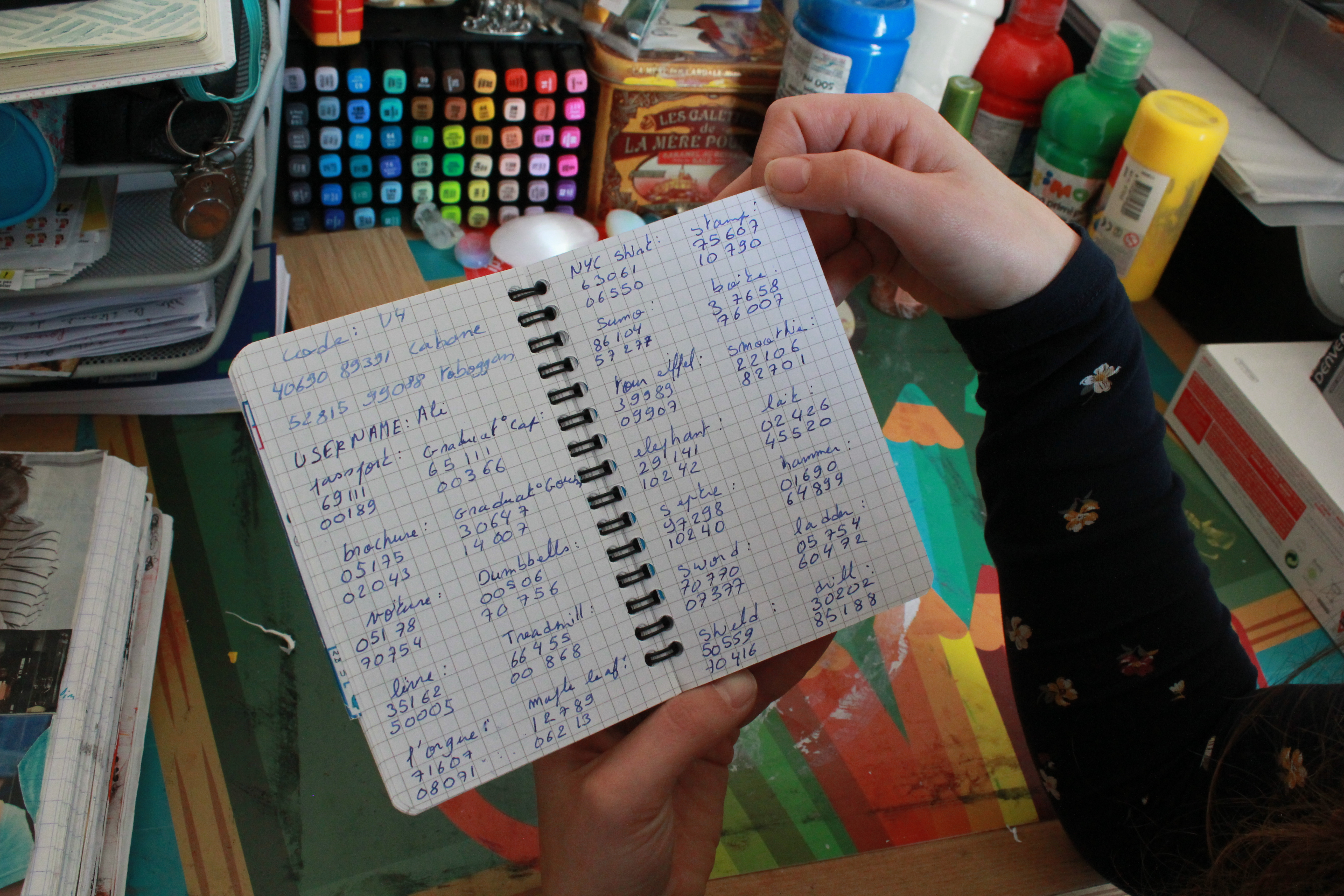 Tamagotchi – small notebook with handwritten rows of data.