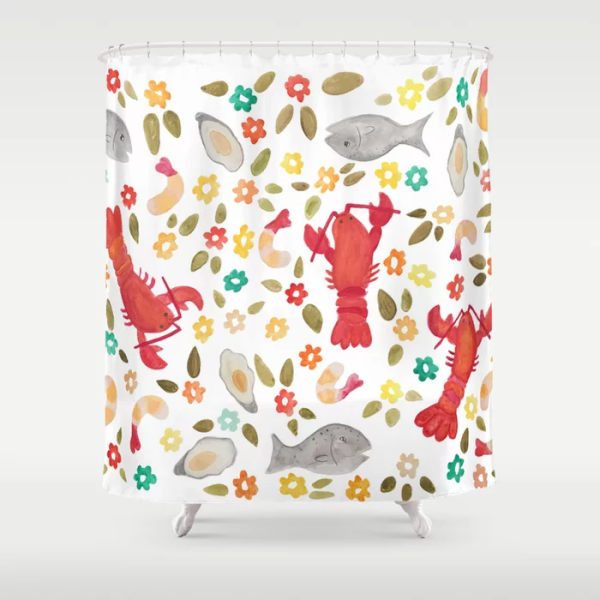 Seafood Spread with Flowers Shower Curtain by Katie Kimmel