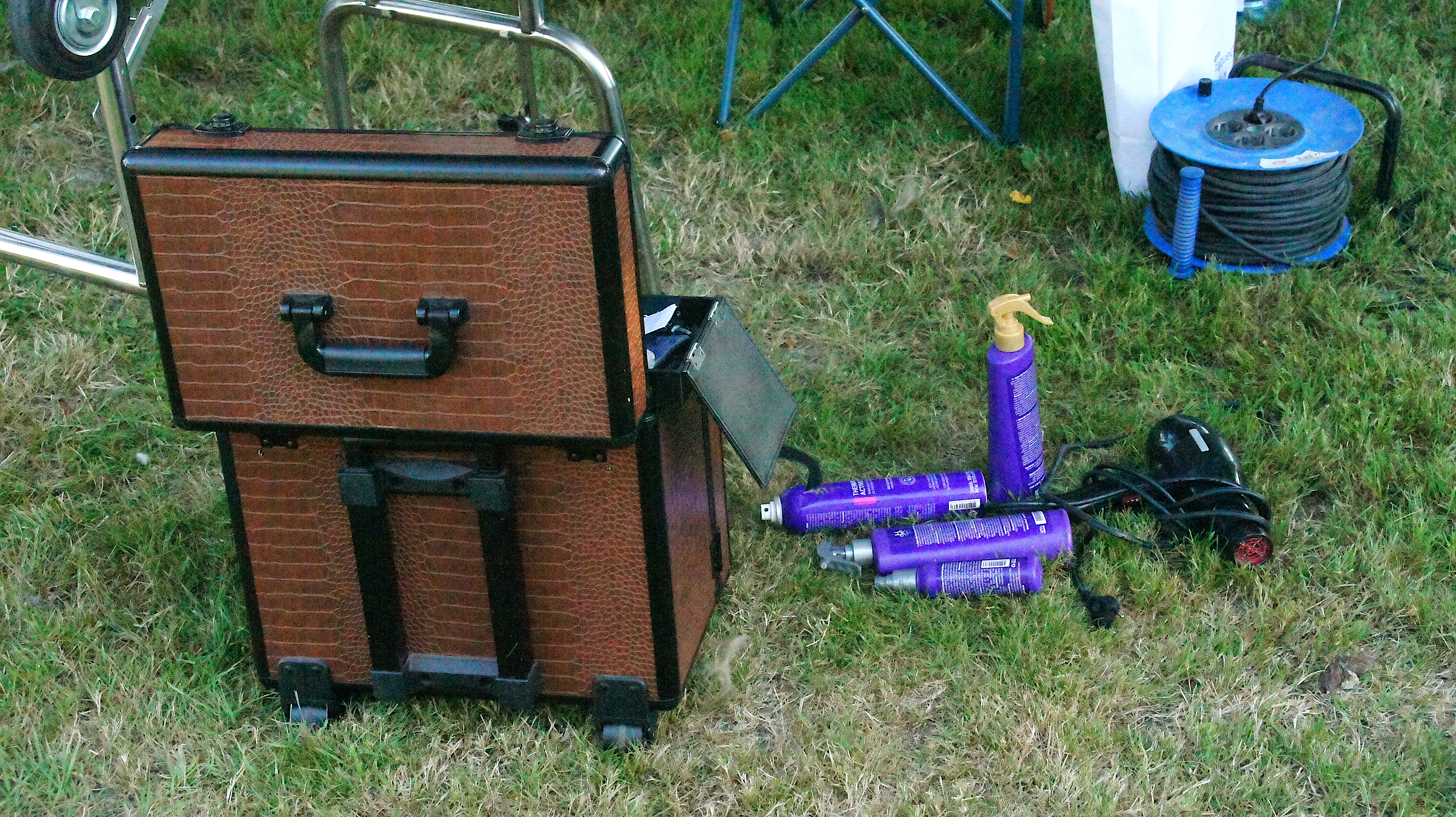 Afghan hound show – an owner's kit to spruce up their dog's fluff, including a brown luggage, various hair care products and a hair dryer, all lying on grass