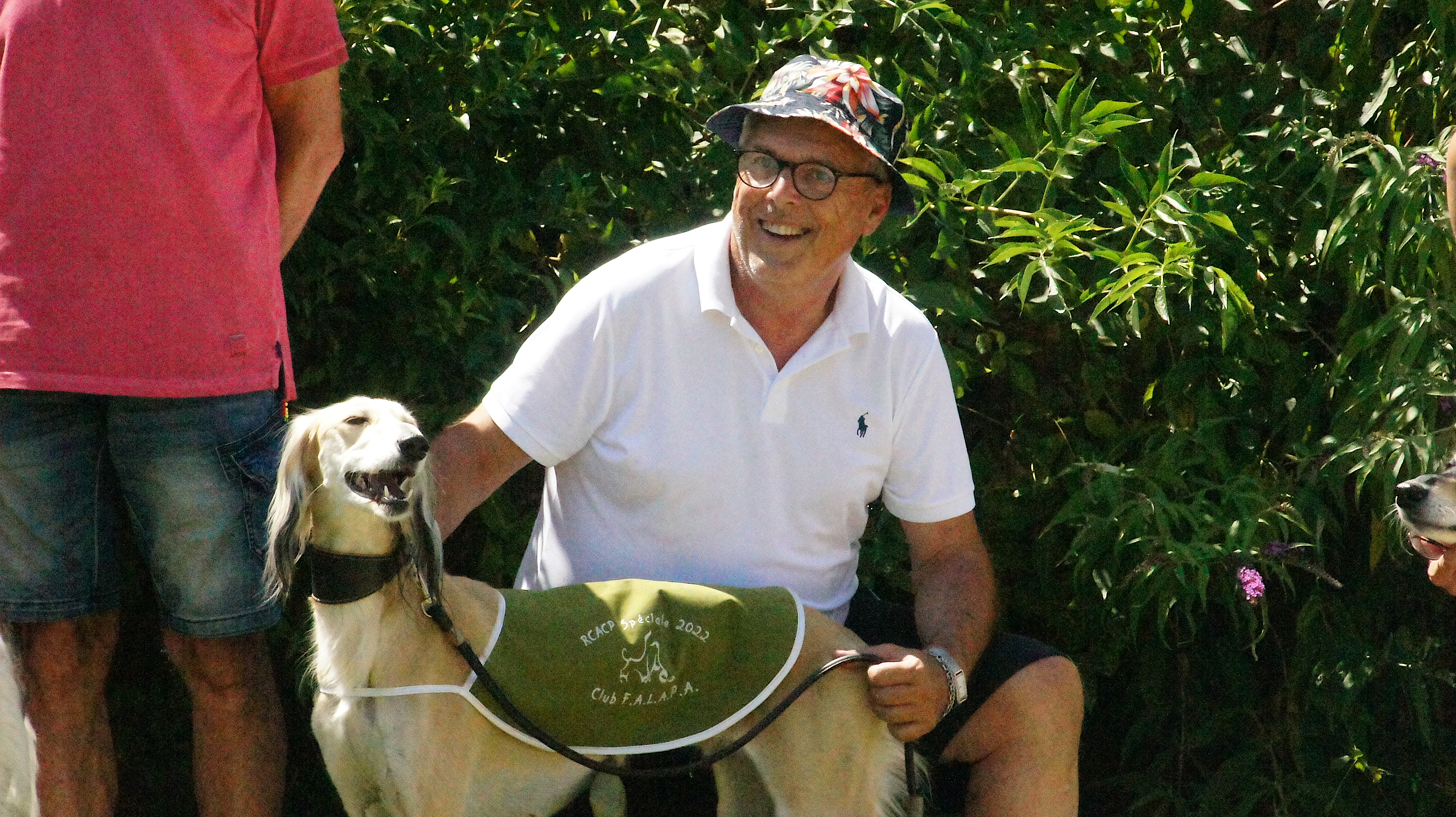 Afghan hound show – Man in a white polo posing next to his dog, which is wearing a green cloak indicating it won