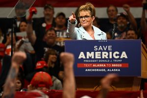 Sarah Palin speaks on stage during a "Save America" rally before former US President Donald Trump in Anchorage, Alaska on July 9, 2022.