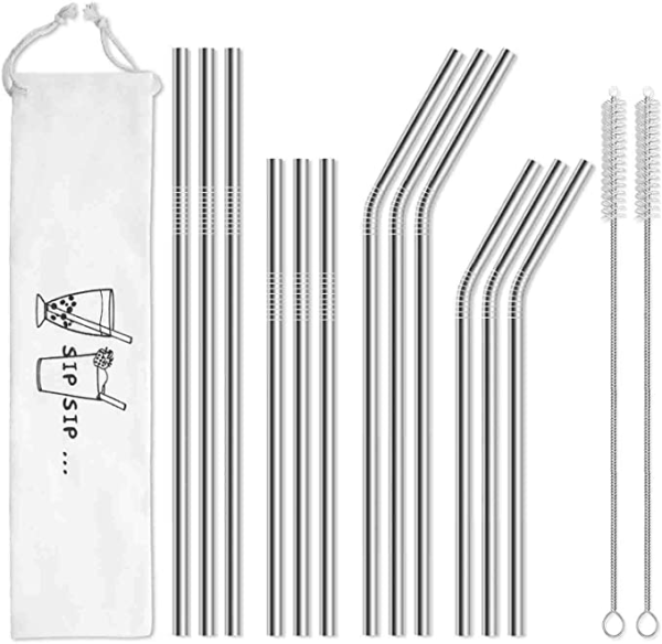 12-Pack Reusable Stainless Steel Metal Straws