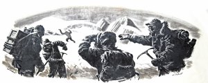 Une illustration des années 1950 montrant une équipe d'alpinistes observant un yéti au loin.