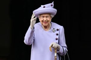 Queen Elizabeth II (C) attends an Armed Forces Act of Loyalty Parade at the Palace of Holyroodhouse on June 28, 2022 in Edinburgh, United Kingdom