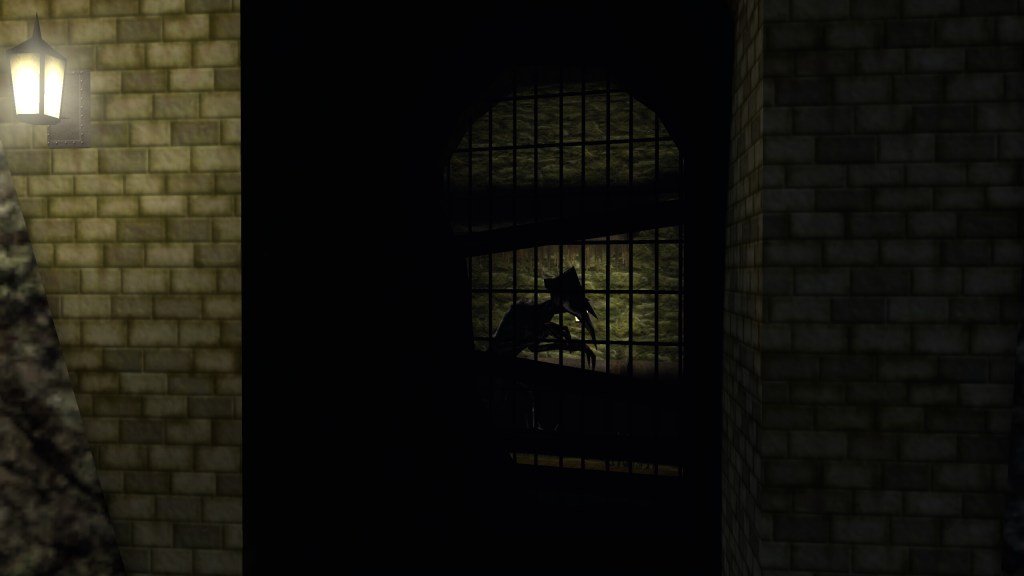 At the end of a short hallway, there is a door bathed in shadow. Behind the bars i