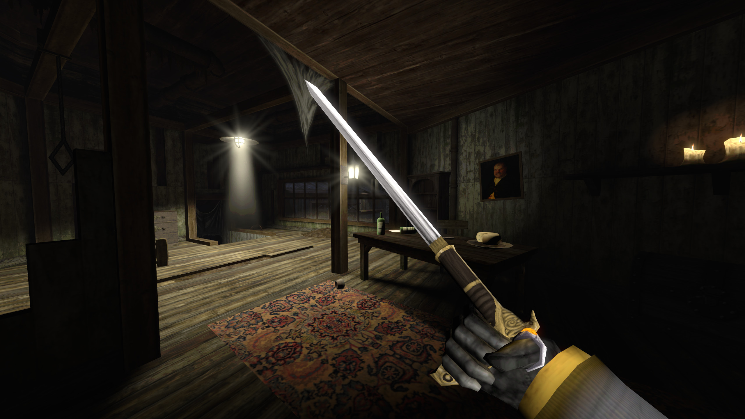 The player character inspects a sword cane from a first-person perspective, while in a well-lit office.