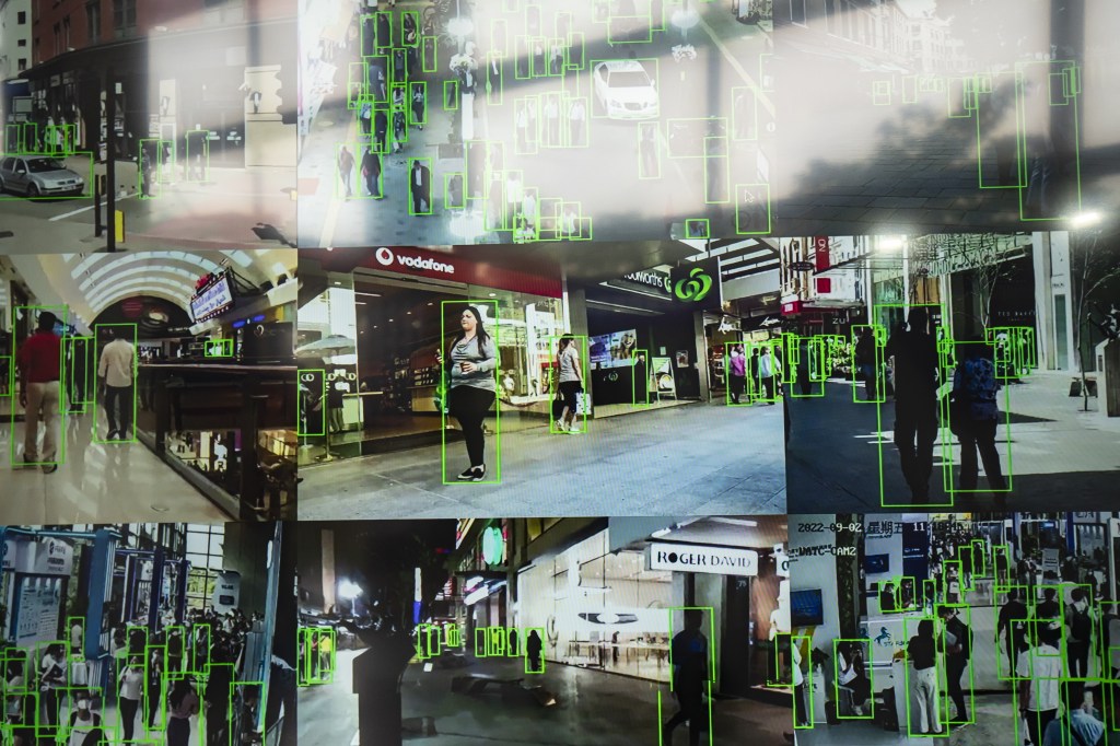 A facial recognition system is demonstrated on a screen at the World Artificial Intelligence Conference (WAIC) in Shanghai.