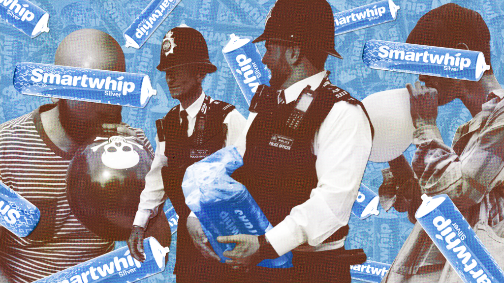 People doing laughing gas and police holding Smartwhip nitrous oxide canisters