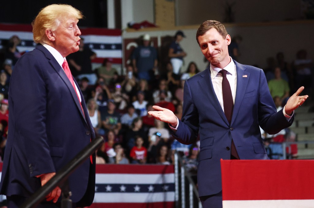 Former President Donald Trump stands with Republican Senate candidate Blake Masters at a ‘Save America’ rally in support of Arizona GOP candidates on July 22, 2022 in Prescott Valley, Arizona.​