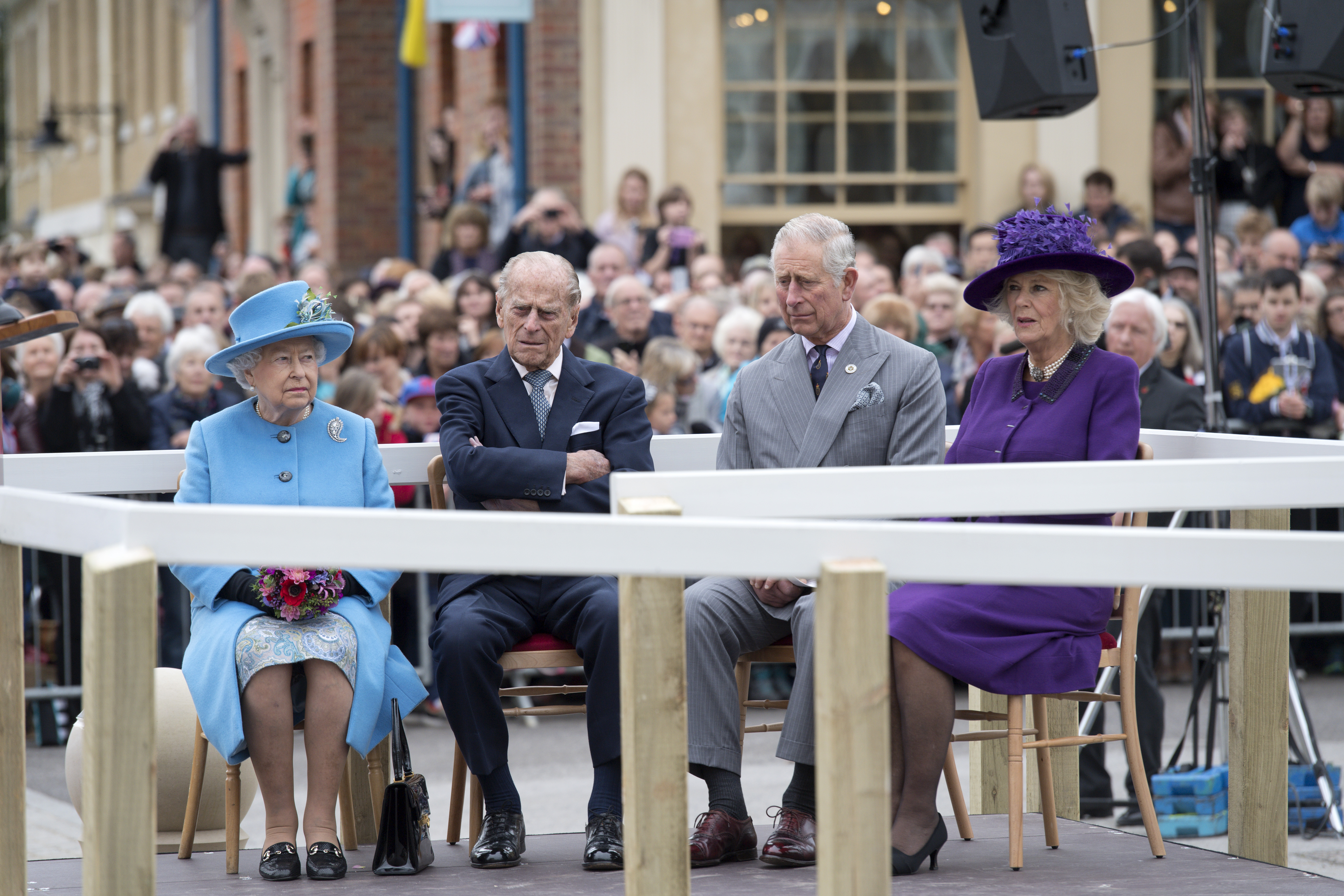 The then Prince Charles, Queen Elizabeth II, the Duke of Edinburgh, and Camilla pictured before the Queen Mother's statue was unveiled in 2016. Photo: Justin Tallis - WPA Pool/Getty Images