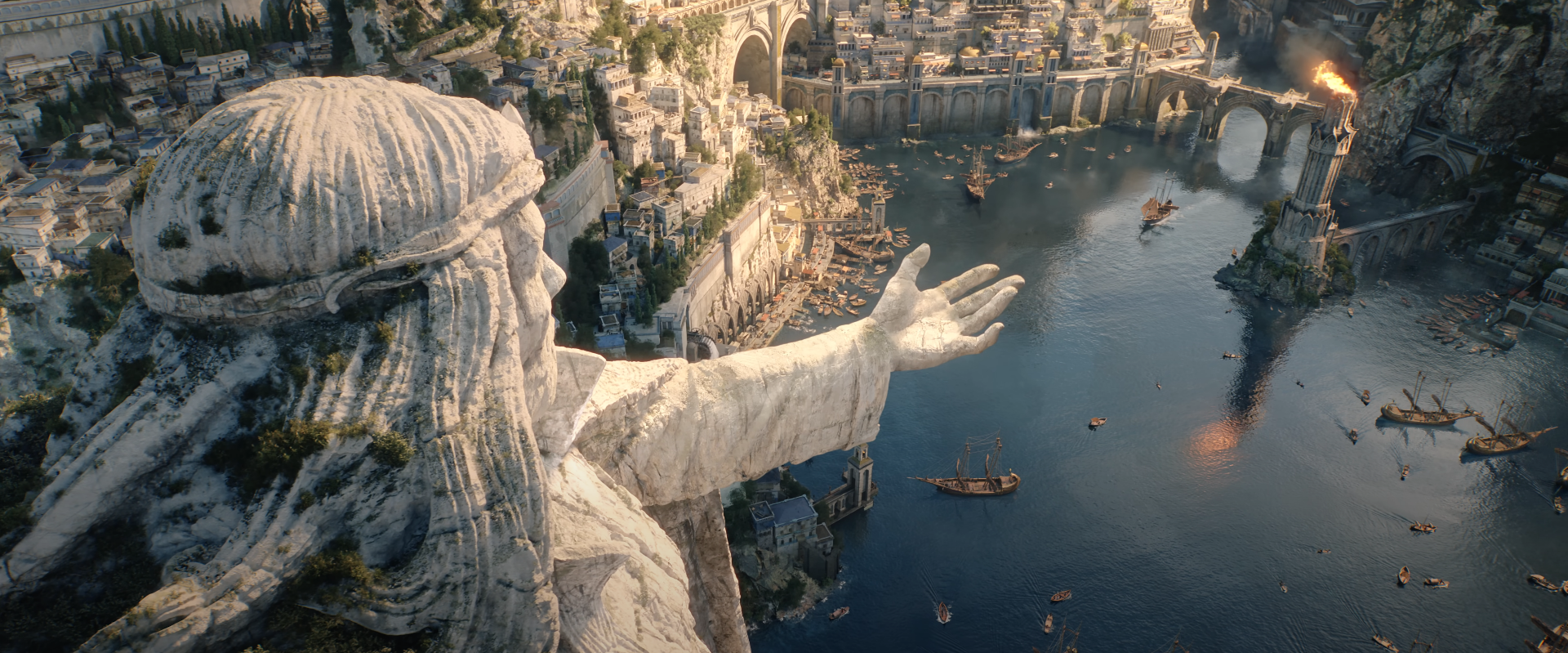 A screenshot of the island kingdom of Numenor in Rings of Power