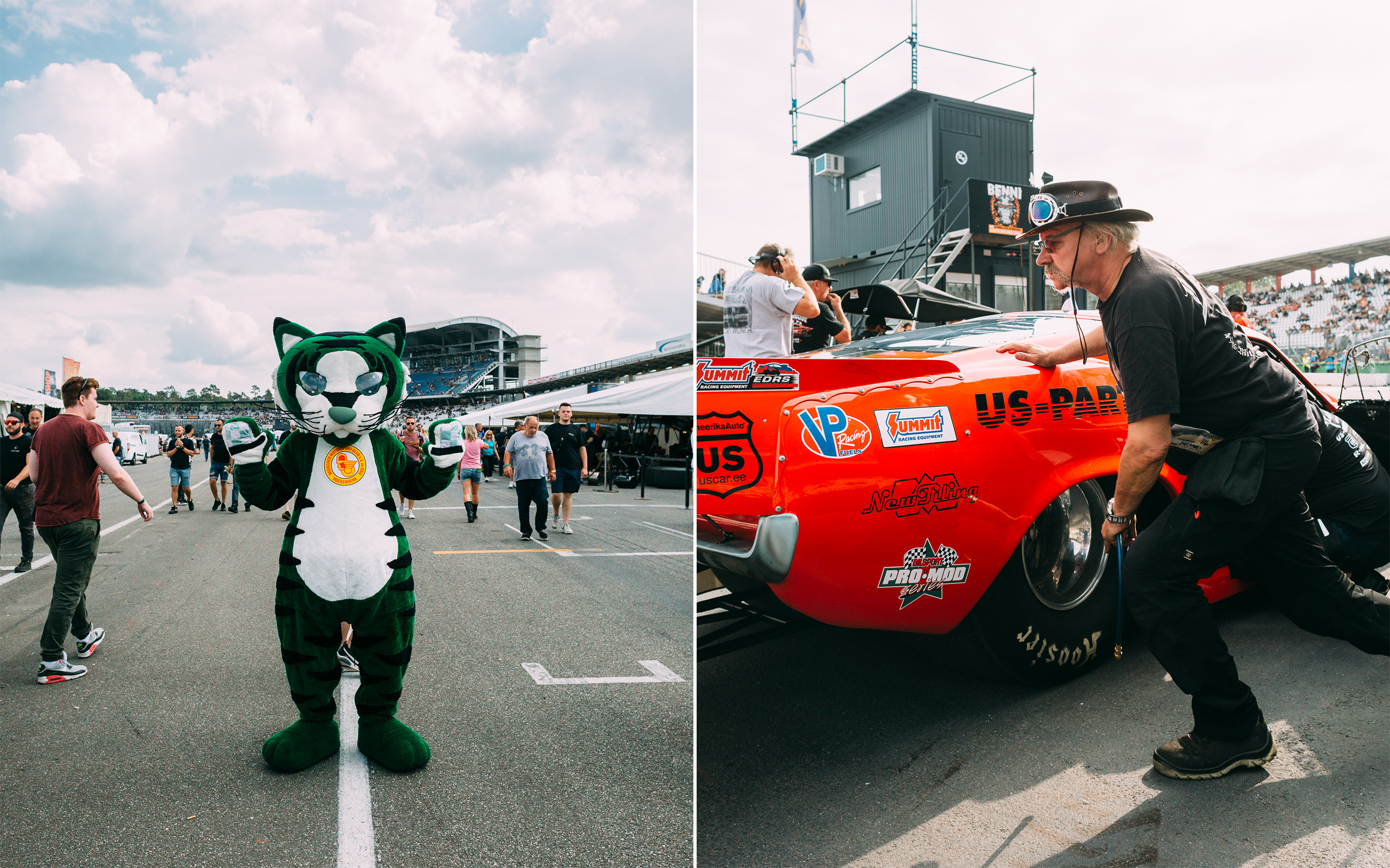 Ein Maskottchen auf der Rennstrecke und der MItarbeiter eines Rennstalls. Fotos von den Nitro Olympics