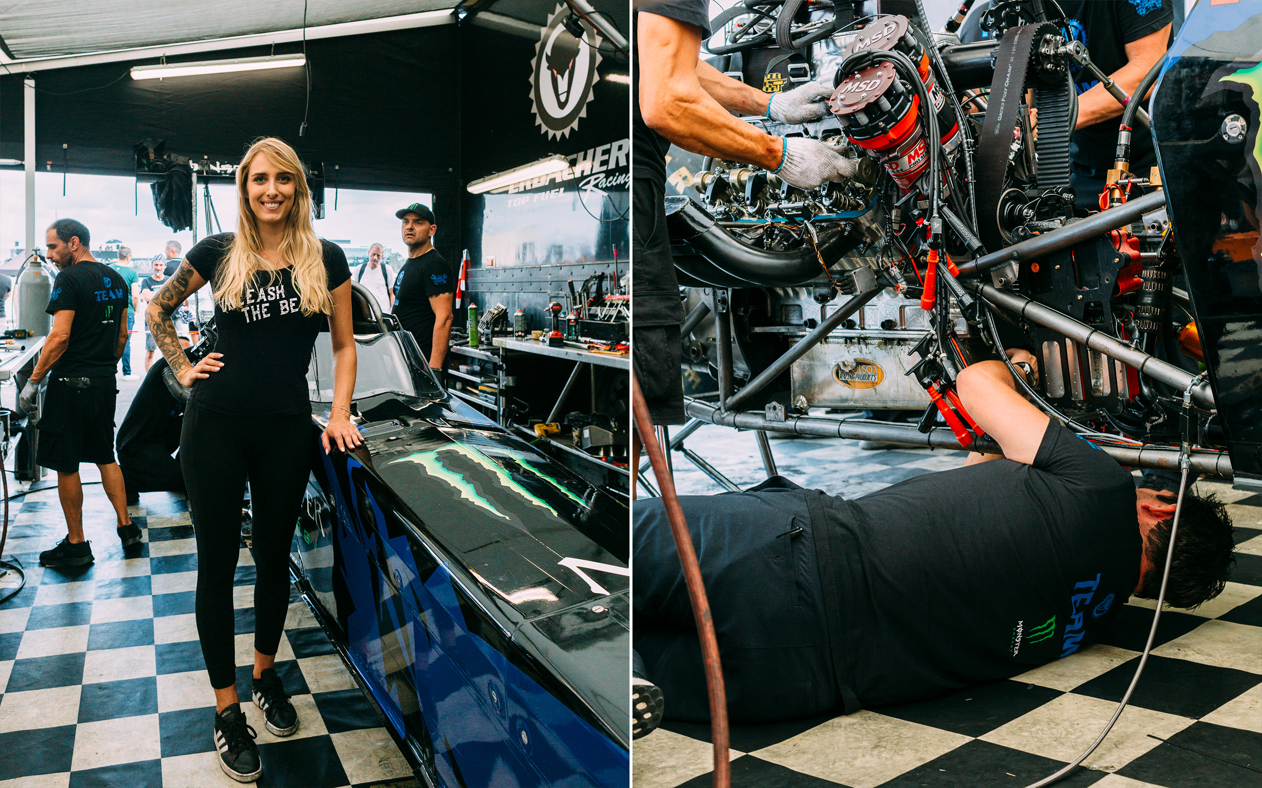 Rennfahrerin Jndia Erbacher neben einem Auto und jemand bastelt an einem Auto rum. Fotos von den Nitro Olympics