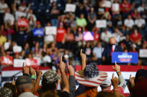 Audience members put their index finger up while former President Donald Trump speaks at a Save America Rally on September 17, 2022 in Youngstown, Ohio.