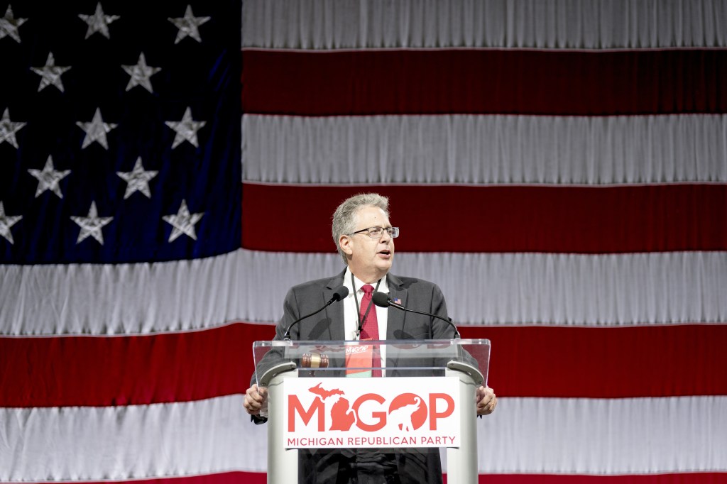 Matthew DePerno, Republican candidate for Michigan attorney general, speaks during the Michigan GOP's nominating convention in Lansing, Michigan on Aug. 27, 2022.