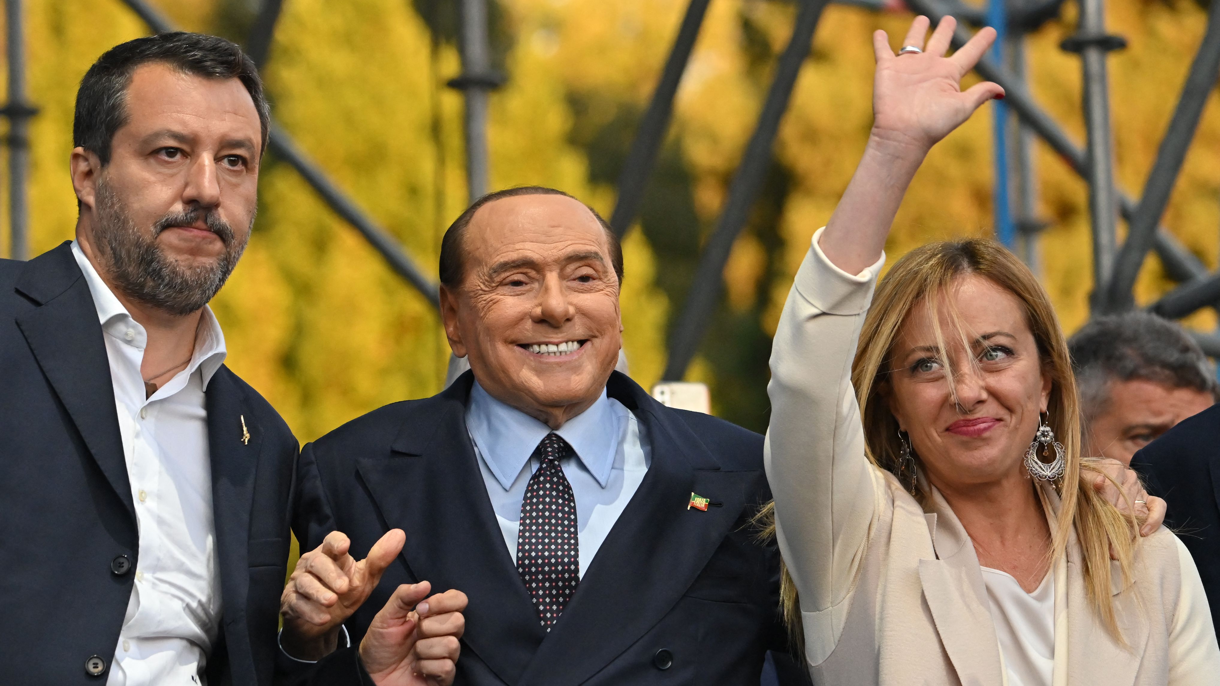 Lega leader Matteo Salvini, Forzi Italia leader Silvio Berlusconi and Giorgia Meloni at a joint rally for their parties in Rome ahead of Sunday's election. Photo: ALBERTO PIZZOLI/AFP via Getty Images