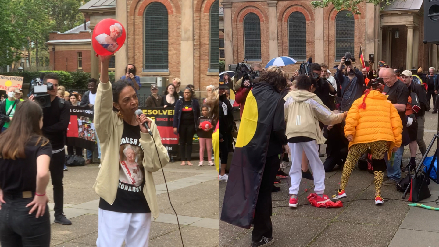 Protestors with balloons and crown piñata (Julie Fenwick)