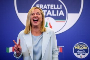 Giorgia Meloni, leader of the Fratelli d'Italia (Brothers of Italy) reacts during a press conference at the party electoral headquarters overnight, on September 26, 2022 in Rome, Italy.