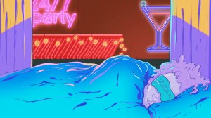 illustration of a person sleeping in bed while there's a party in the background