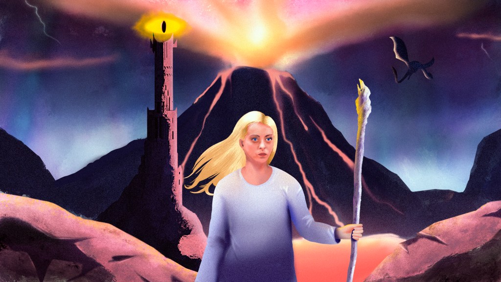 Giorgia Meloni and lord of the rings - illustration of a blond girl holding a wooden stick, standing in front of a volcano