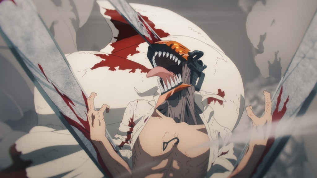 A screenshot of Chainsaw Man showing Denji turning into Chainsaw Man