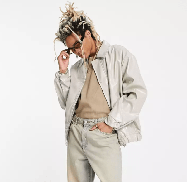 Mennace bomber jacket in off white with vinyl effect