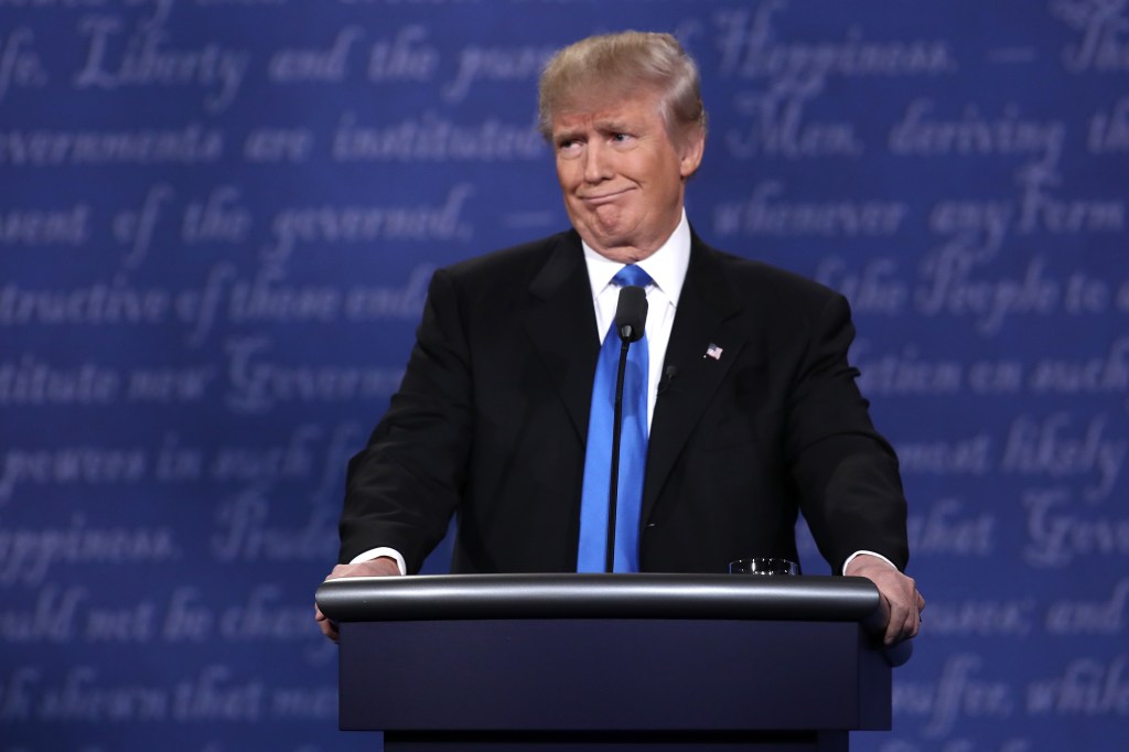 Then Republican presidential nominee Donald Trump appears during the Presidential Debate on September 26, 2016 in Hempstead, New York.