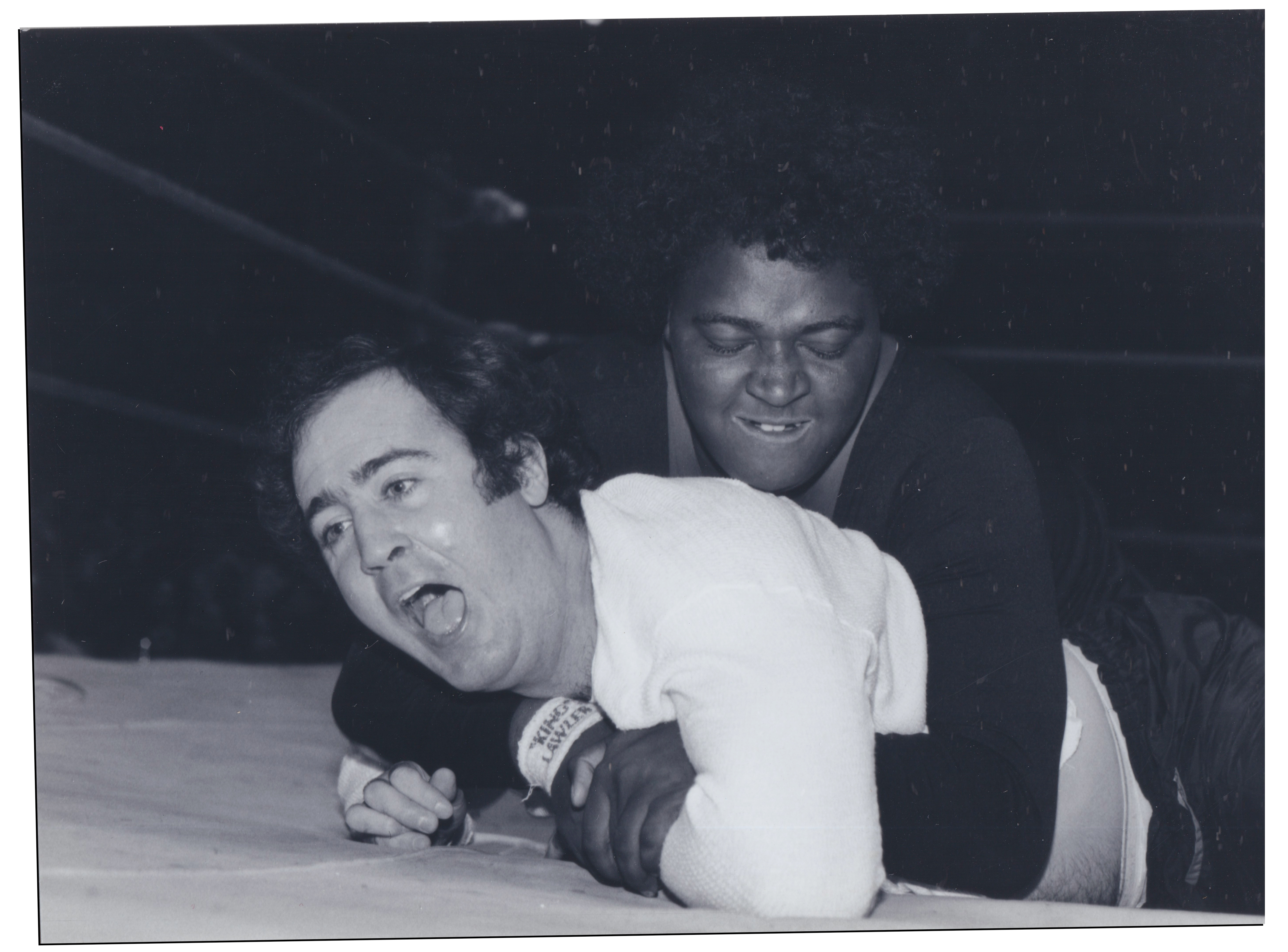 Kaufman wrestling Foxy in black and white film photography