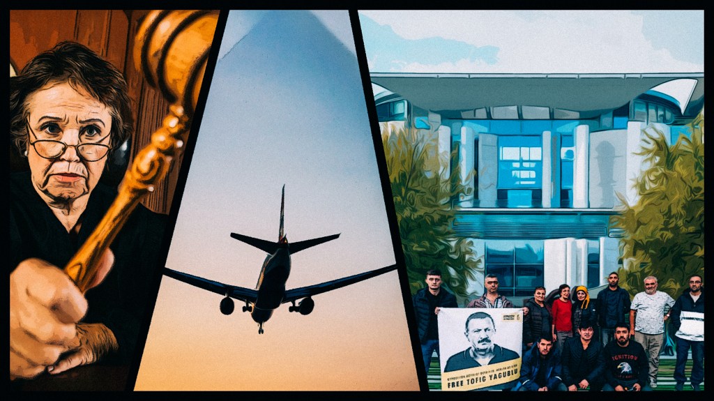 Richterin schlägt mit dem Hammer auf den Tisch. Ein Flugzeug am Himmel. Aserbaidschaner demonstrieren vor dem Bundeskanzleramt in Berlin.