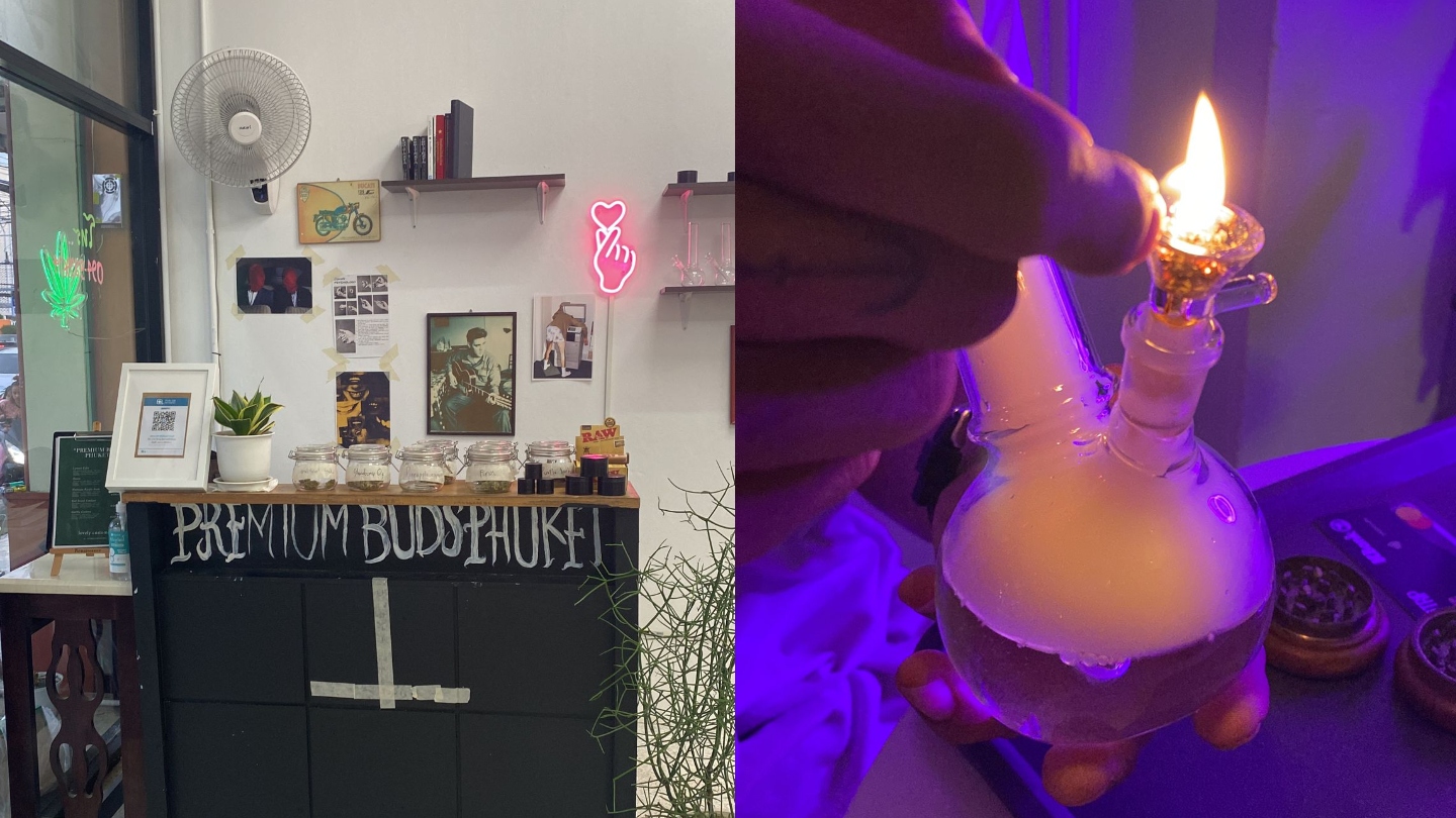 A man lighting a bong at Kush House Phuket.