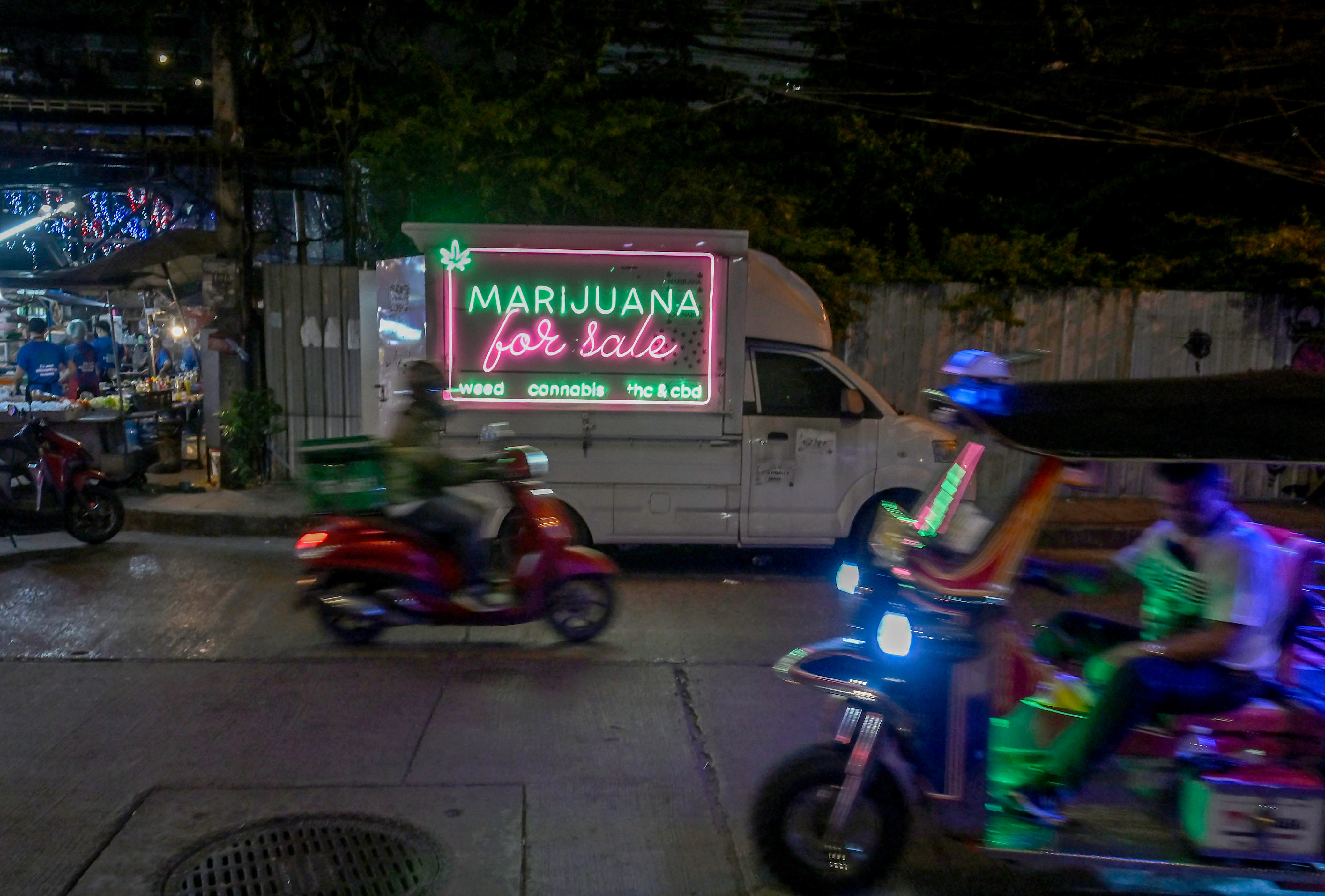 A cannabis pop-up truck in Bangkok's Sukhumvit Rd, Soi 11, selling legal marijuana on Oct. 15.