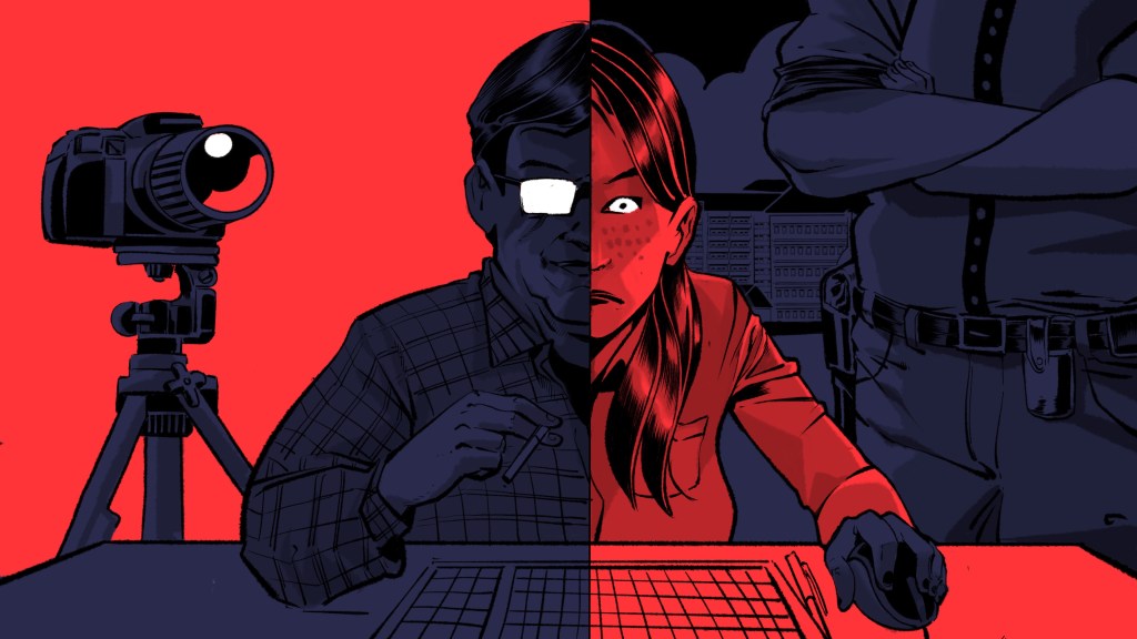 Online child abuse - image in red and dark blue split in two. Left: Middle aged man sitting at a desk with a keyboard and a camcorder behind him. Right: woman sitting at the same desk in the same position with police behind her.