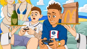 Football luxury assistants – illustration of two young guys sitting on a couch on the beach, gaming and having champagne and mcdonald’s served to them on golden plates with two women in bikinis behind them.