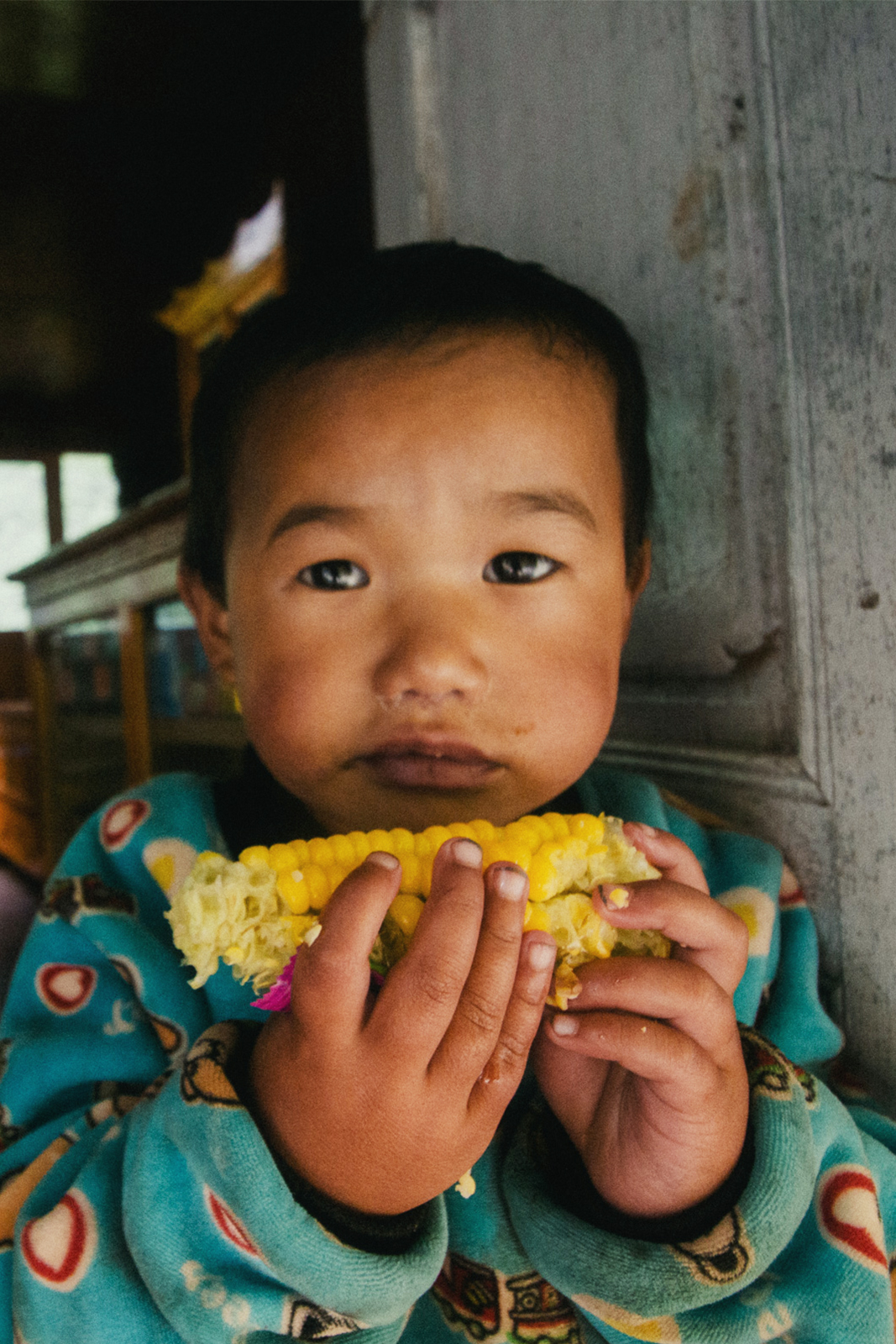 Phakding, Nepal – Nahaufnahme eines Kleinkindes mit kurzen schwarzen Haaren und schwarzen Augen, das einen Maiskolben isst und einen bunten Pullover trägt.