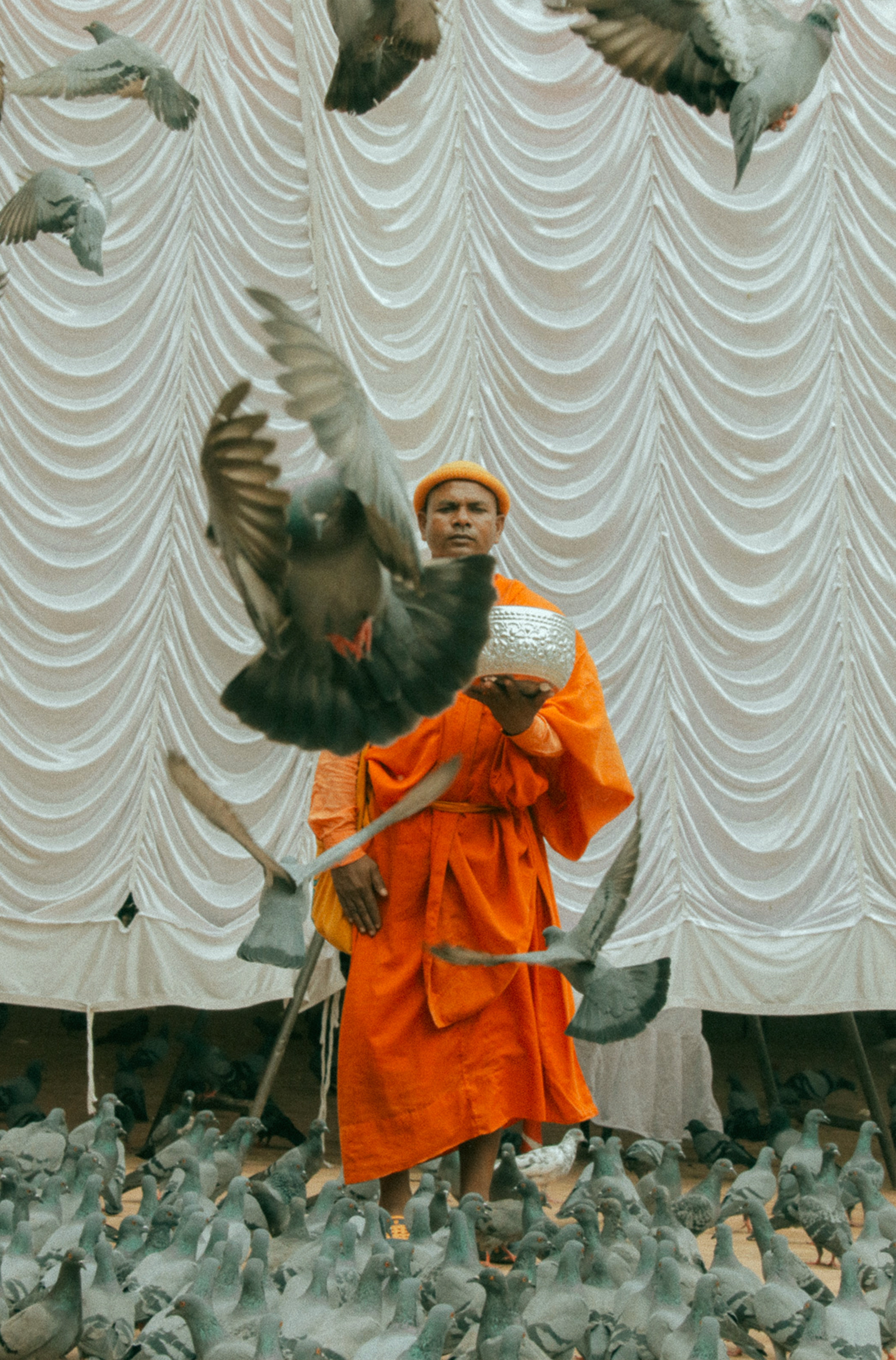 Kathmandu, Nepal – man in an orange garment, standing in front of a white curtain with a bowl in his hand, surrounded by hundreds of pigeons