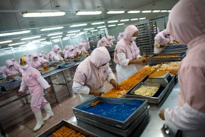 Workers at a Tyson Foods factory processing meats and wearing pink jumpsuits