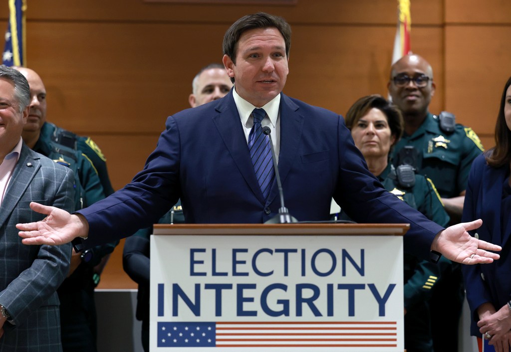 Florida Gov. Ron DeSantis speaks during a press conference held at the Broward County Courthouse on August 18, 2022 in Fort Lauderdale, Florida.