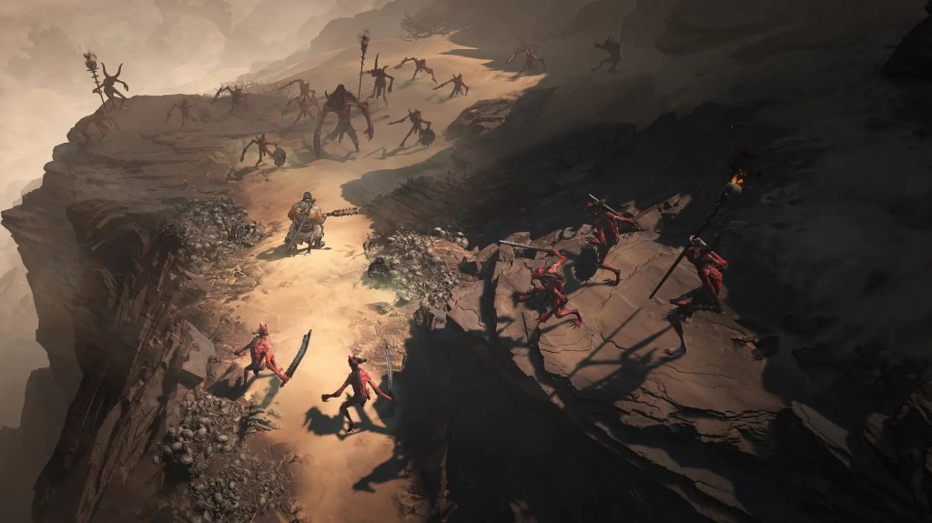 A screenshot of Diablo IV depicting a group of enemies at the top of a ridge.