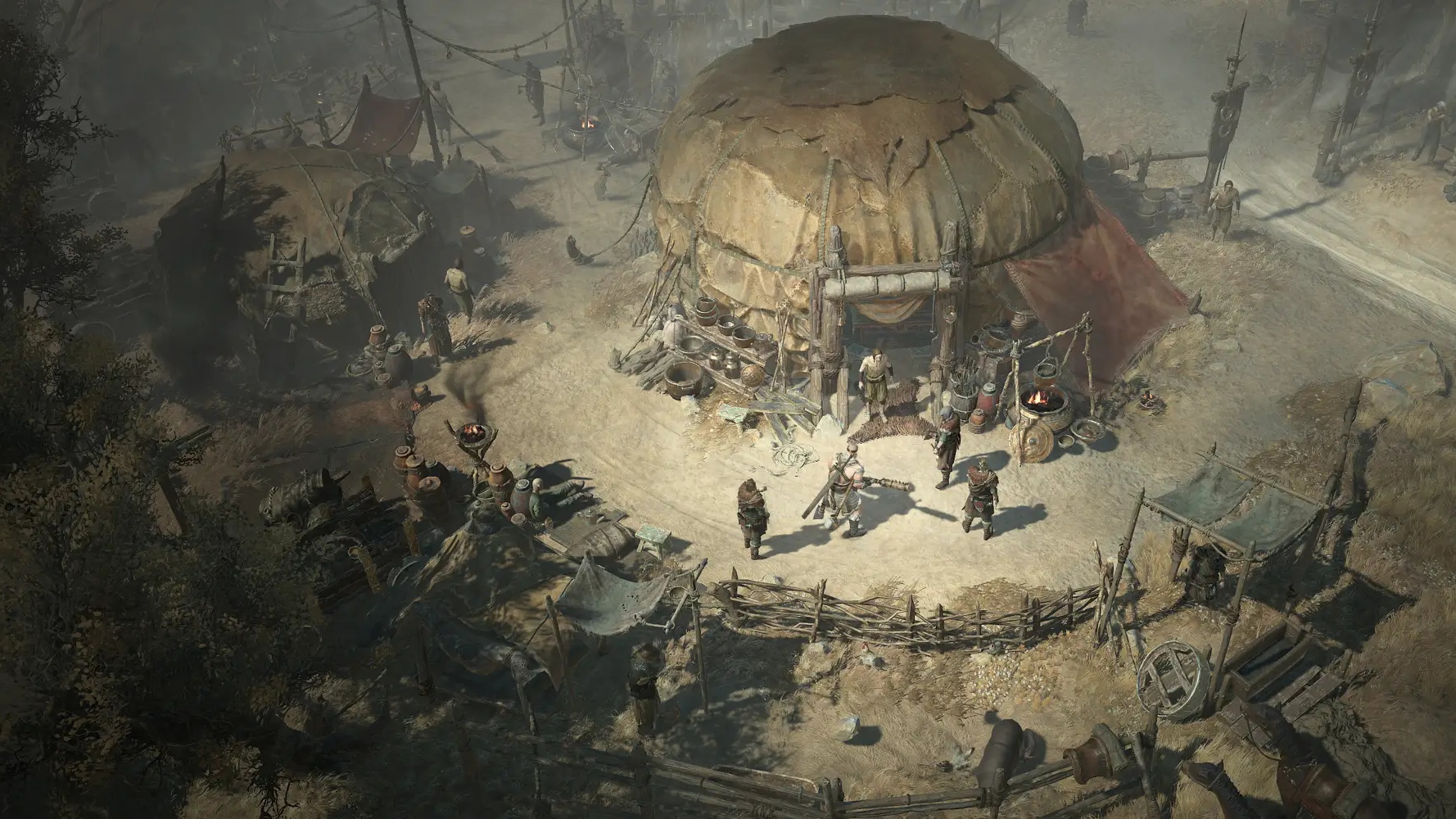 A screenshot of Diablo IV depicting a group of characters standing in front of a building made of tanned hides.