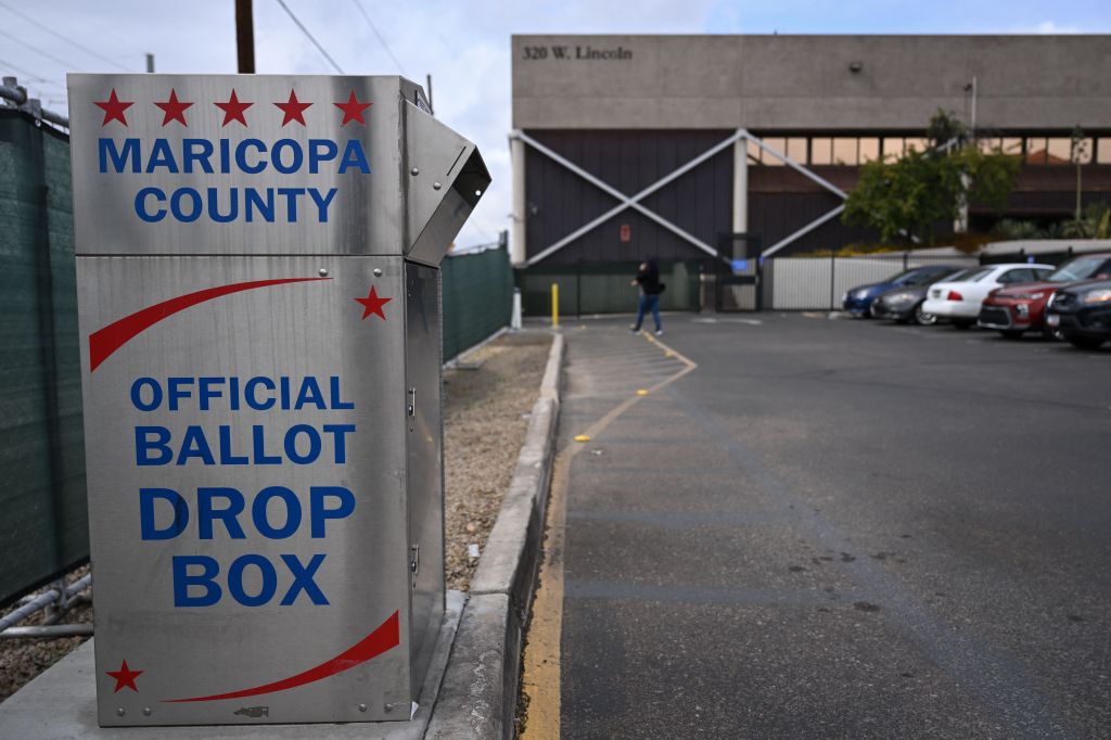 A ballot drop box for early voting stands outside of the Maricopa County Tabulation and Election Center ahead of the midterm elections in Phoenix, Arizona on November 3, 2022.